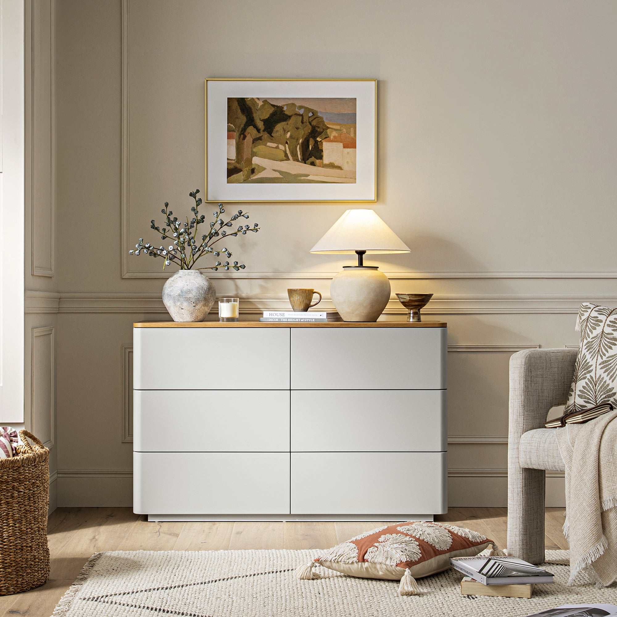 Agnes Curved Edge 6 Drawer Dresser, Dove Gray with Oak Top | daals.com Agnes Curved Edge 6 Drawer Dresser, Dove Gray with Oak Top | daals.com