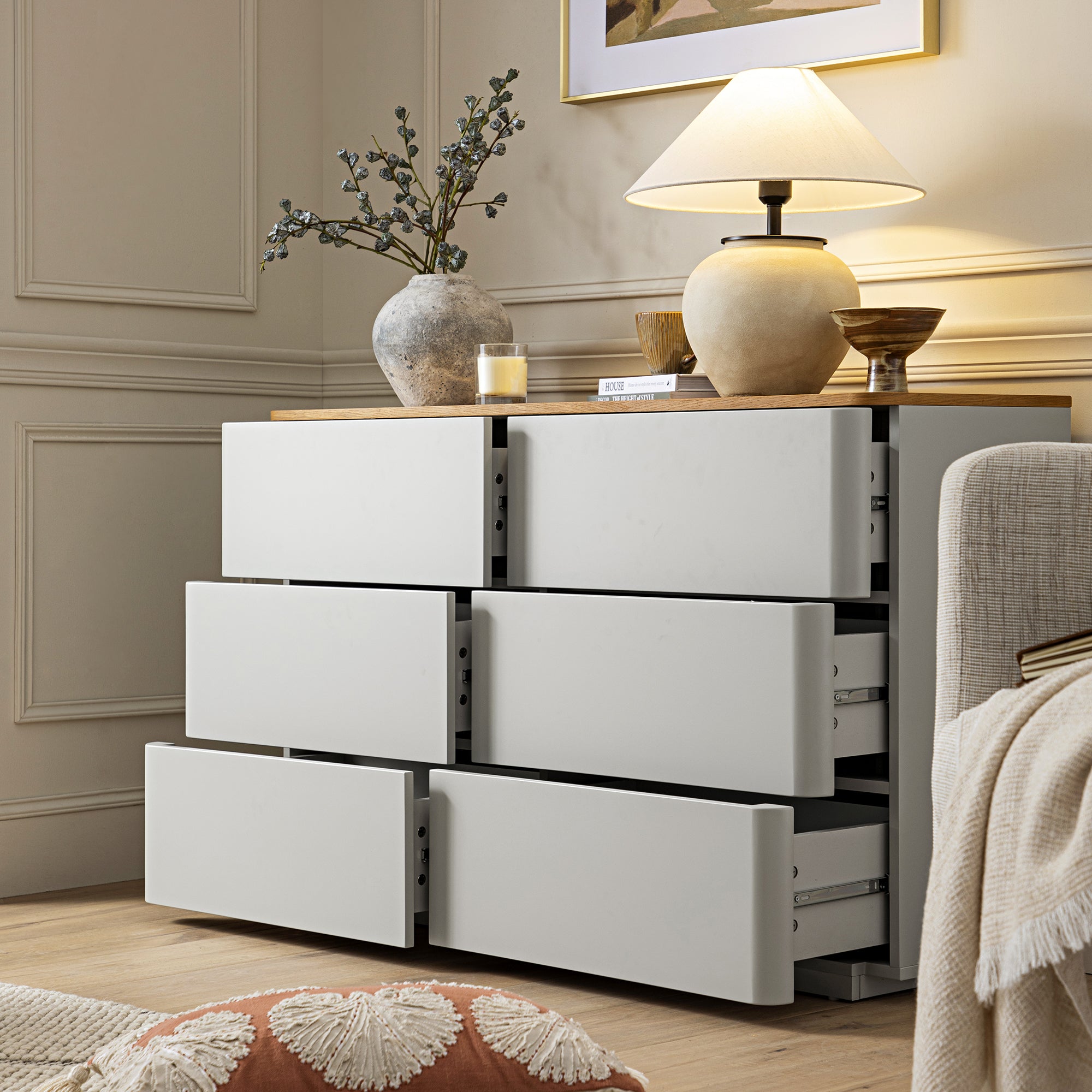 Agnes Curved Edge 6 Drawer Dresser, Dove Gray with Oak Top Agnes Curved Edge 6 Drawer Dresser, Dove Gray with Oak Top