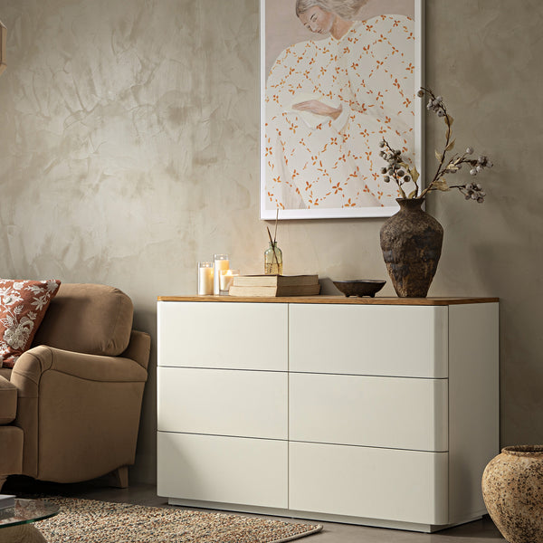 Agnes Curved Edge 6 Drawer Dresser, Off White with Oak Top | daals.com Agnes Curved Edge 6 Drawer Dresser, Off White with Oak Top | daals.com