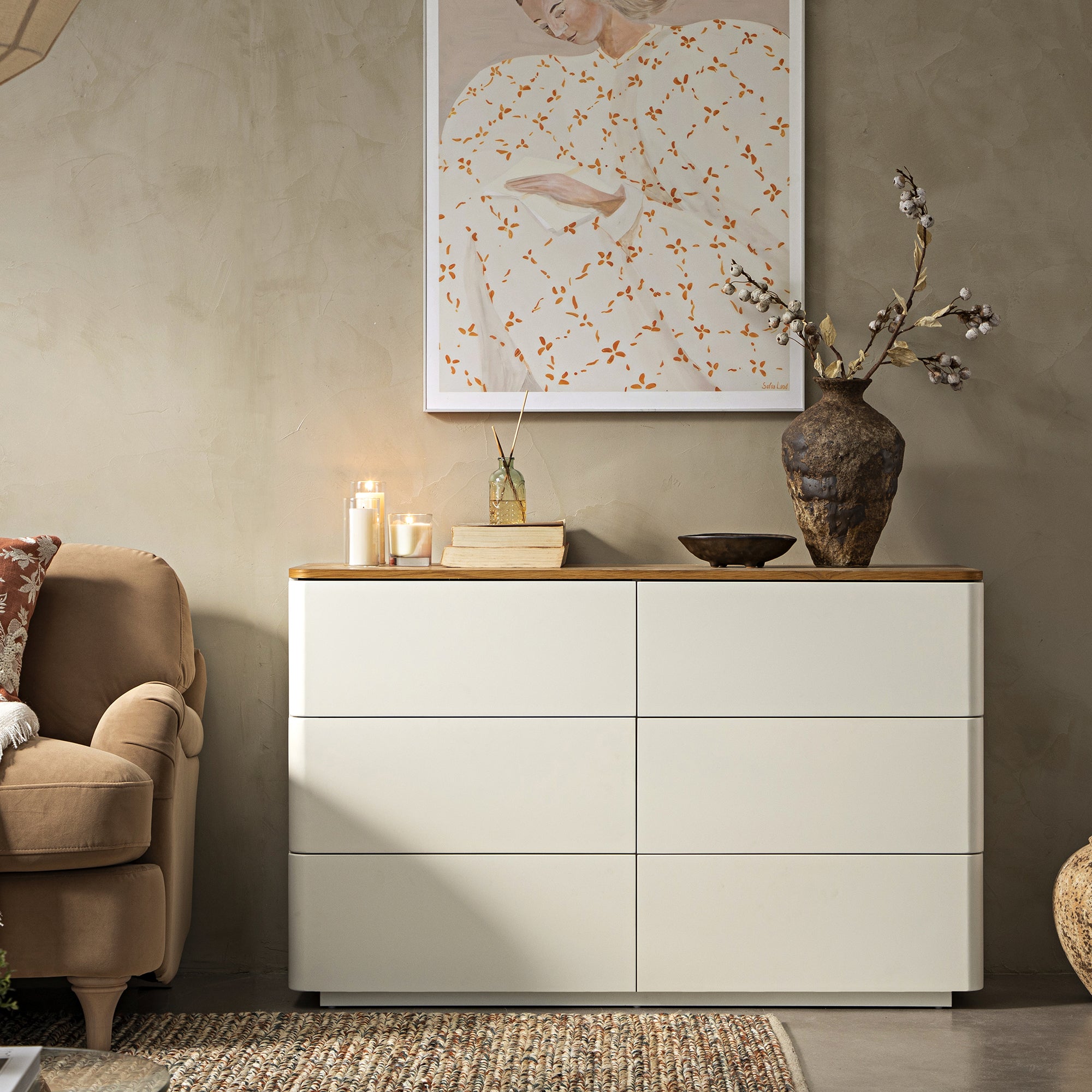 Agnes Curved Edge 6 Drawer Dresser, Off White with Oak Top | daals.com Agnes Curved Edge 6 Drawer Dresser, Off White with Oak Top | daals.com