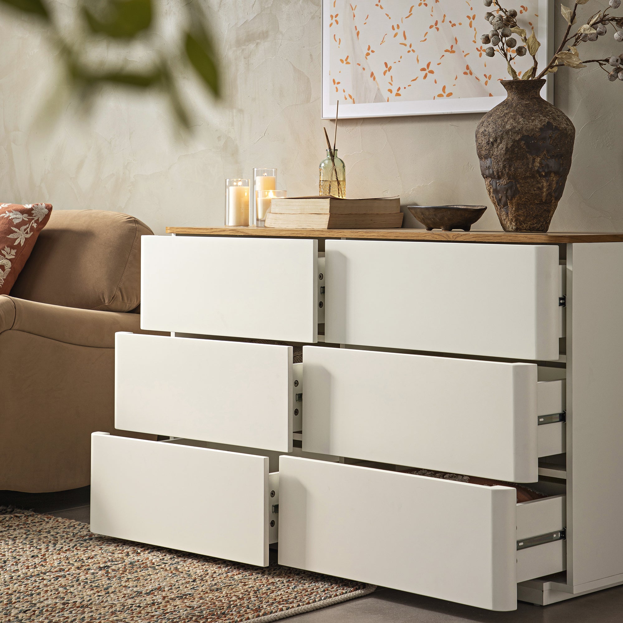 Agnes Curved Edge 6 Drawer Dresser, Off White with Oak Top - daals
