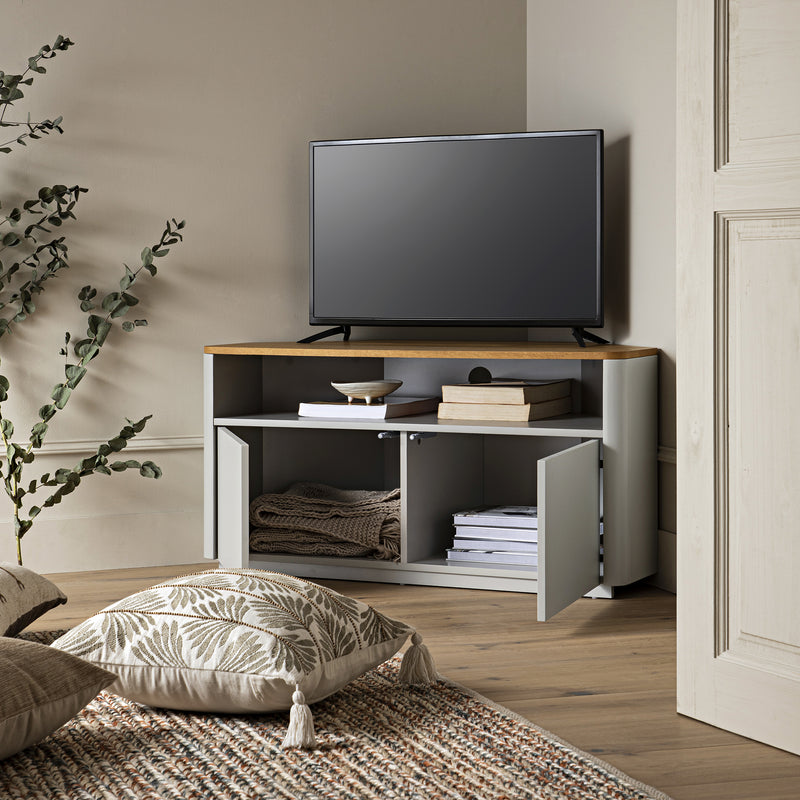 Agnes Curved Edge Corner TV Unit, Dove Gray with Oak Top