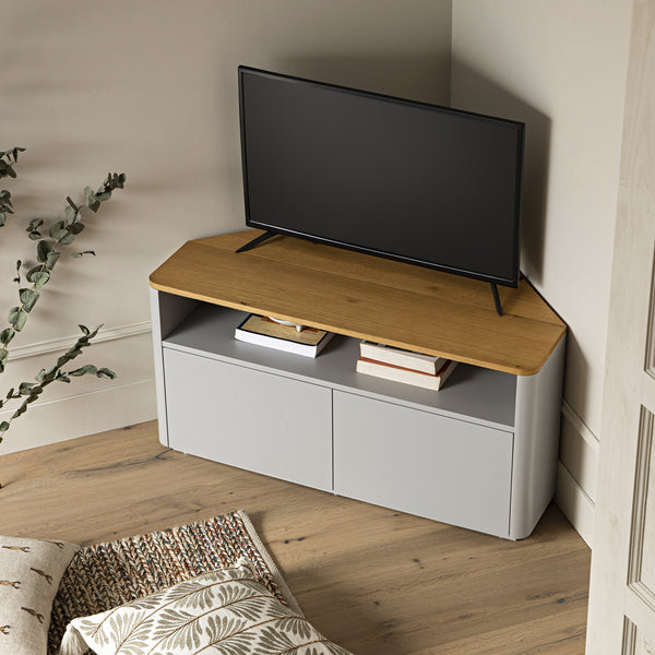 Agnes Curved Edge Corner TV Unit, Dove Gray with Oak Top