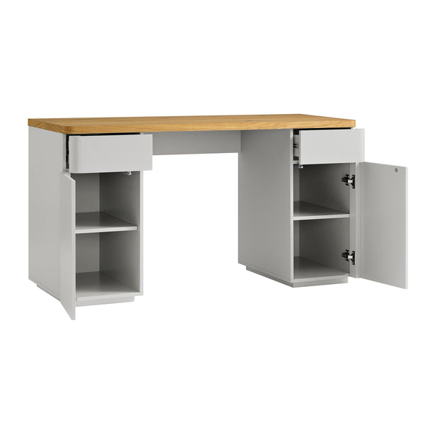 Agnes Curved Edge Desk with Storage, Dove Gray with Oak Top