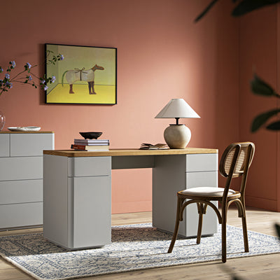 Agnes Curved Edge Desk with Storage, Dove Gray with Oak Top