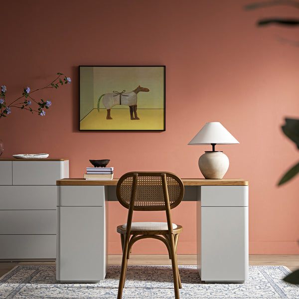 Agnes Curved Edge Desk with Storage, Dove Gray with Oak Top