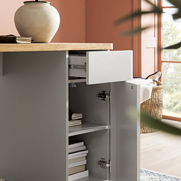 Agnes Curved Edge Desk with Storage, Dove Gray with Oak Top