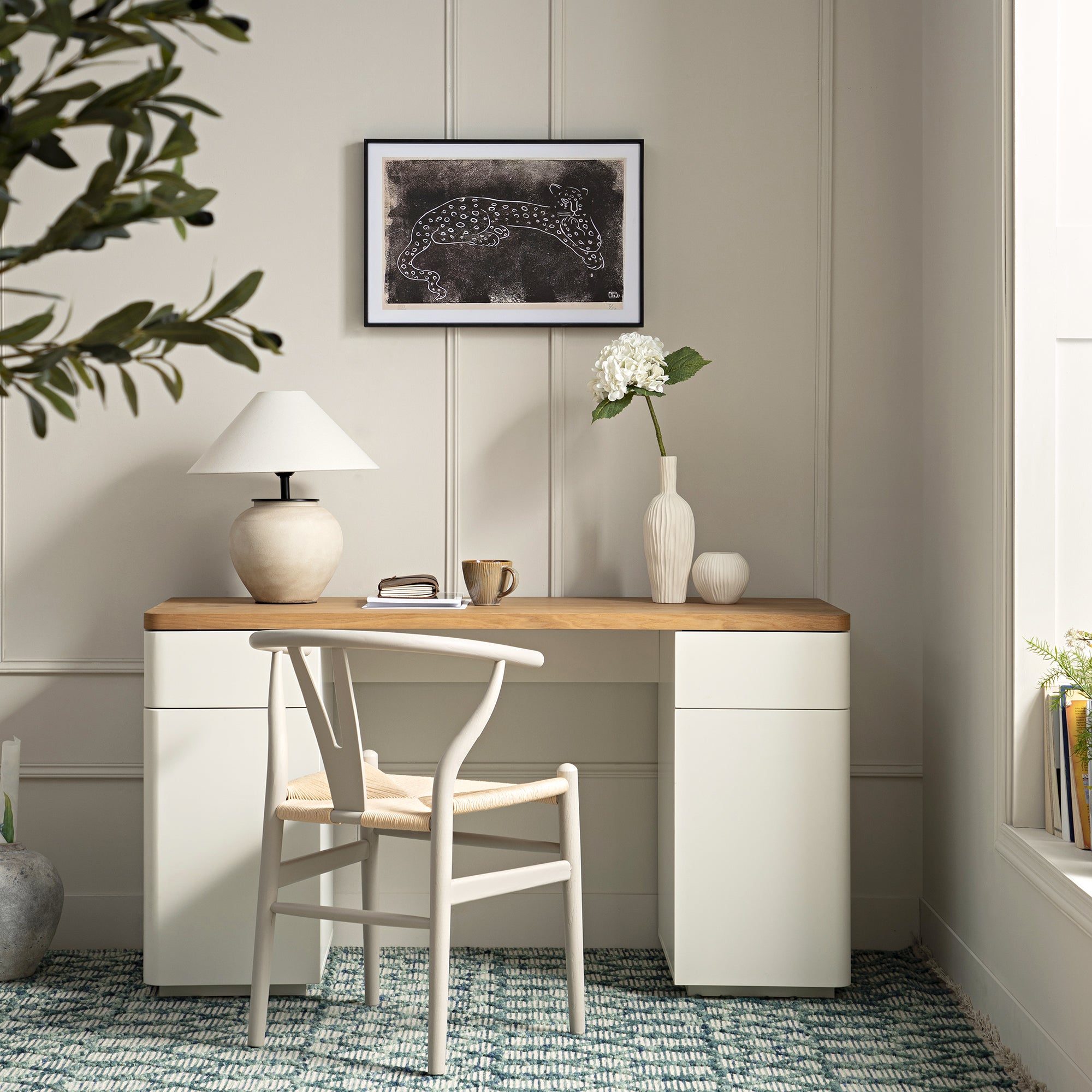 Desk With Rounded Edges Agnes Curved Edge Desk with Storage, Off White with Oak Top | daals.com