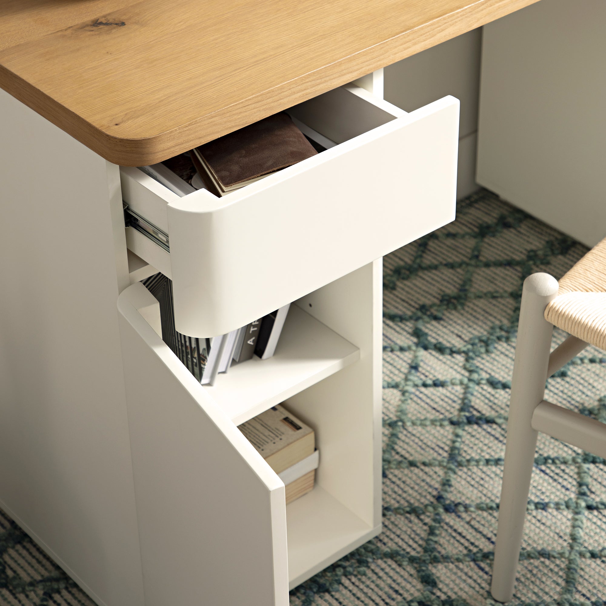 Off Line Desk Agnes Curved Edge Desk with Storage, Off White with Oak Top | daals.com