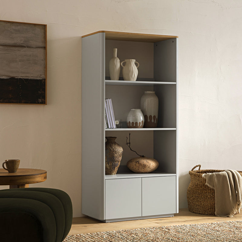 Agnes Curved Edge Bookcase, Dove Gray with Oak Top