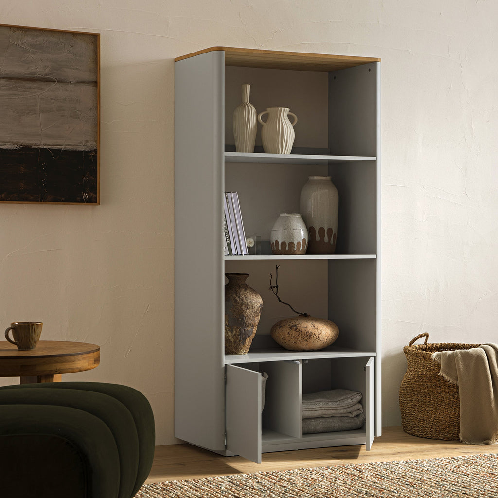Agnes Curved Edge Bookcase, Dove Gray with Oak Top | daals.com