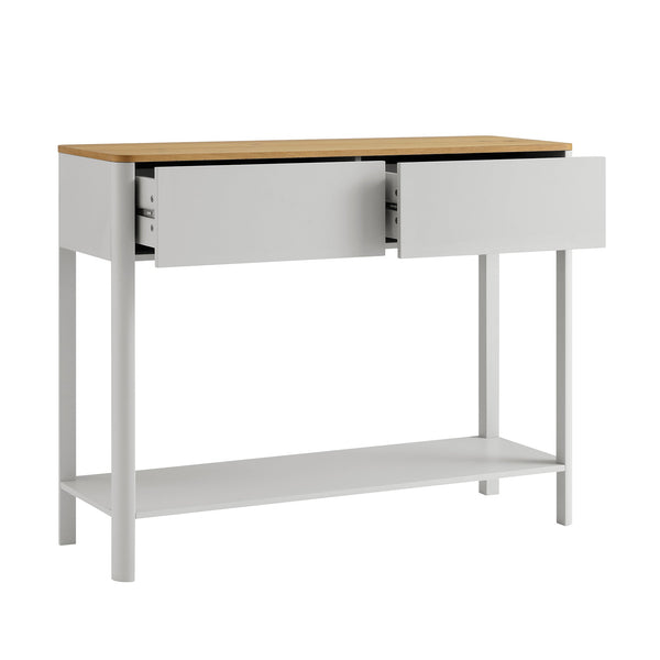 Agnes Curved Edge 2 Drawer Console Table, Dove Gray with Oak Top