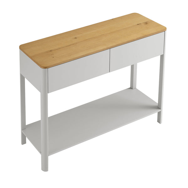 Agnes Curved Edge 2 Drawer Console Table, Dove Gray with Oak Top