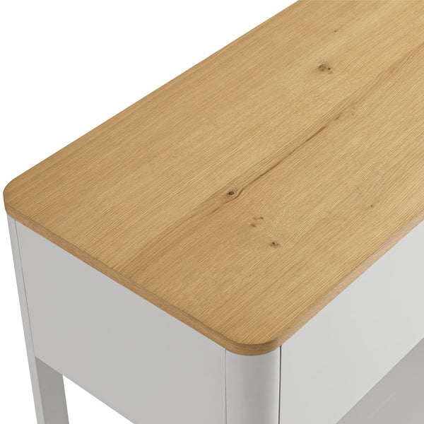 Agnes Curved Edge 2 Drawer Console Table, Dove Gray with Oak Top