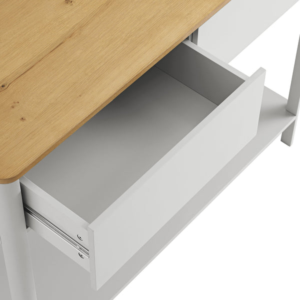 Agnes Curved Edge 2 Drawer Console Table, Dove Gray with Oak Top