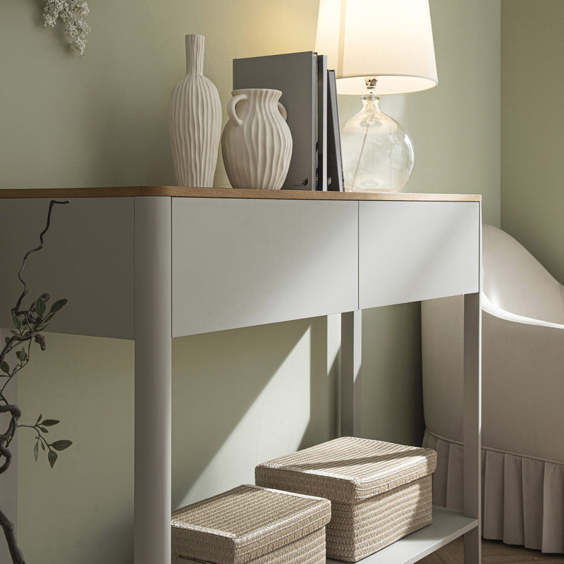 Agnes Curved Edge 2 Drawer Console Table, Dove Gray with Oak Top