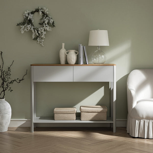 Agnes Curved Edge 2 Drawer Console Table, Dove Gray with Oak Top