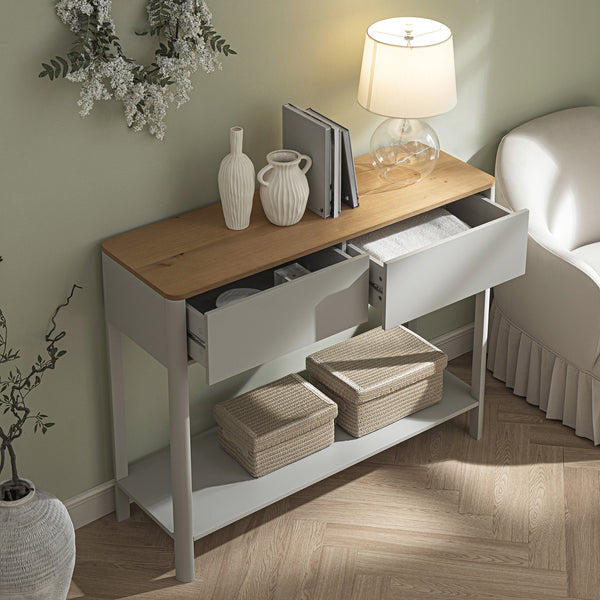Agnes Curved Edge 2 Drawer Console Table, Dove Gray with Oak Top
