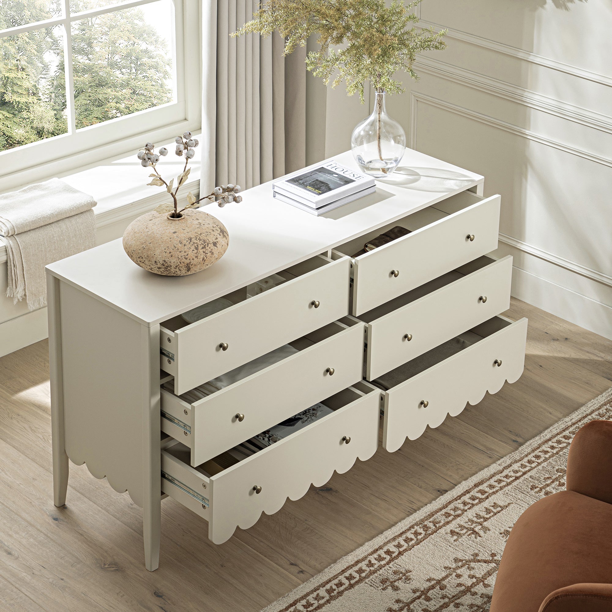 Henley Scalloped Edge 6 Drawer Wide Dresser, Light Sand | daals.com Henley Scalloped Edge 6 Drawer Wide Dresser, Light Sand | daals.com
