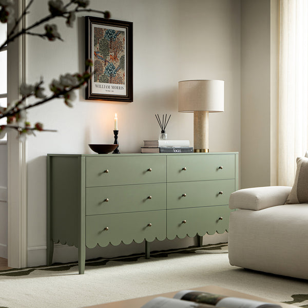 Henley Scalloped Edge 6 Drawer Wide Dresser, Sage Green Henley Scalloped Edge 6 Drawer Wide Dresser, Sage Green