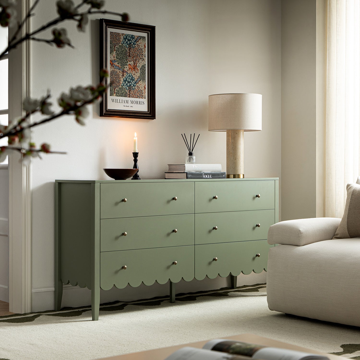 Henley Scalloped Edge 6 Drawer Wide Dresser, Sage Green