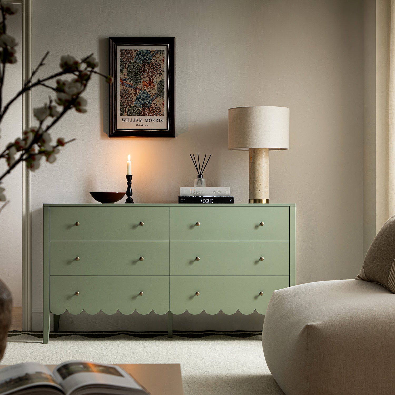 Henley Scalloped Edge 6 Drawer Wide Dresser, Sage Green