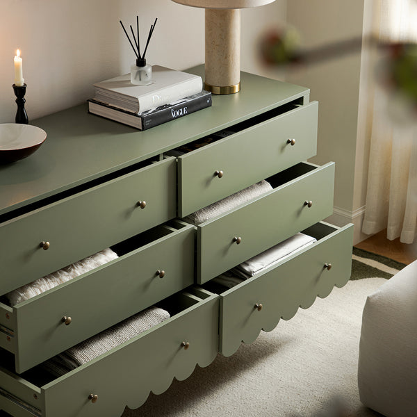 Henley Scalloped Edge 6 Drawer Wide Dresser, Sage Green