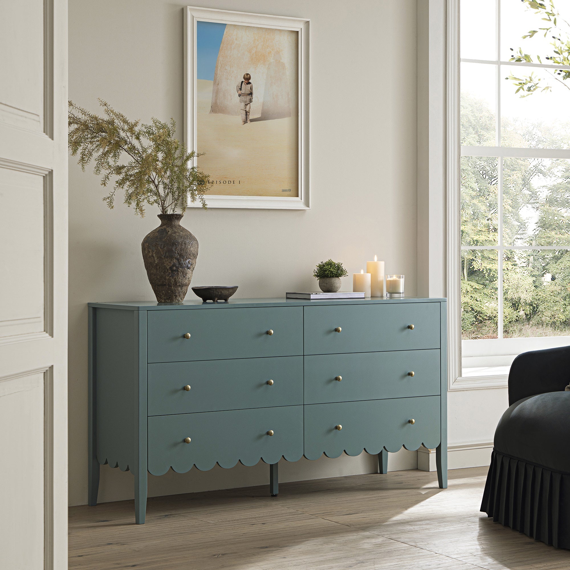Henley Scalloped Edge 6 Drawer Wide Dresser, Blue Spruce - daals Henley Scalloped Edge 6 Drawer Wide Dresser, Blue Spruce - daals