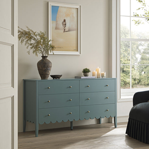 blue accent dresser Henley Scalloped Edge 6 Drawer Wide Dresser, Blue Spruce