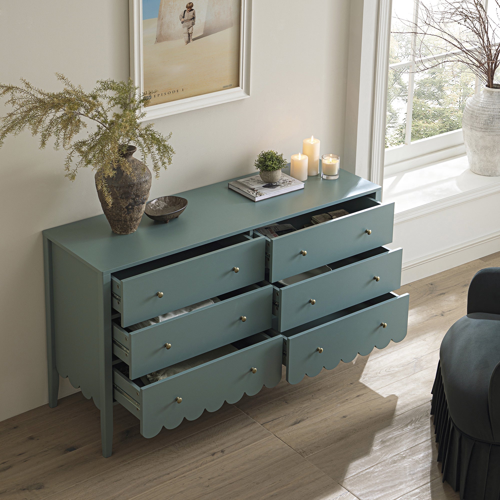 Henley Scalloped Edge 6 Drawer Wide Dresser, Blue Spruce - daals - Chest of Drawers Henley Scalloped Edge 6 Drawer Wide Dresser, Blue Spruce - daals - Chest of Drawers
