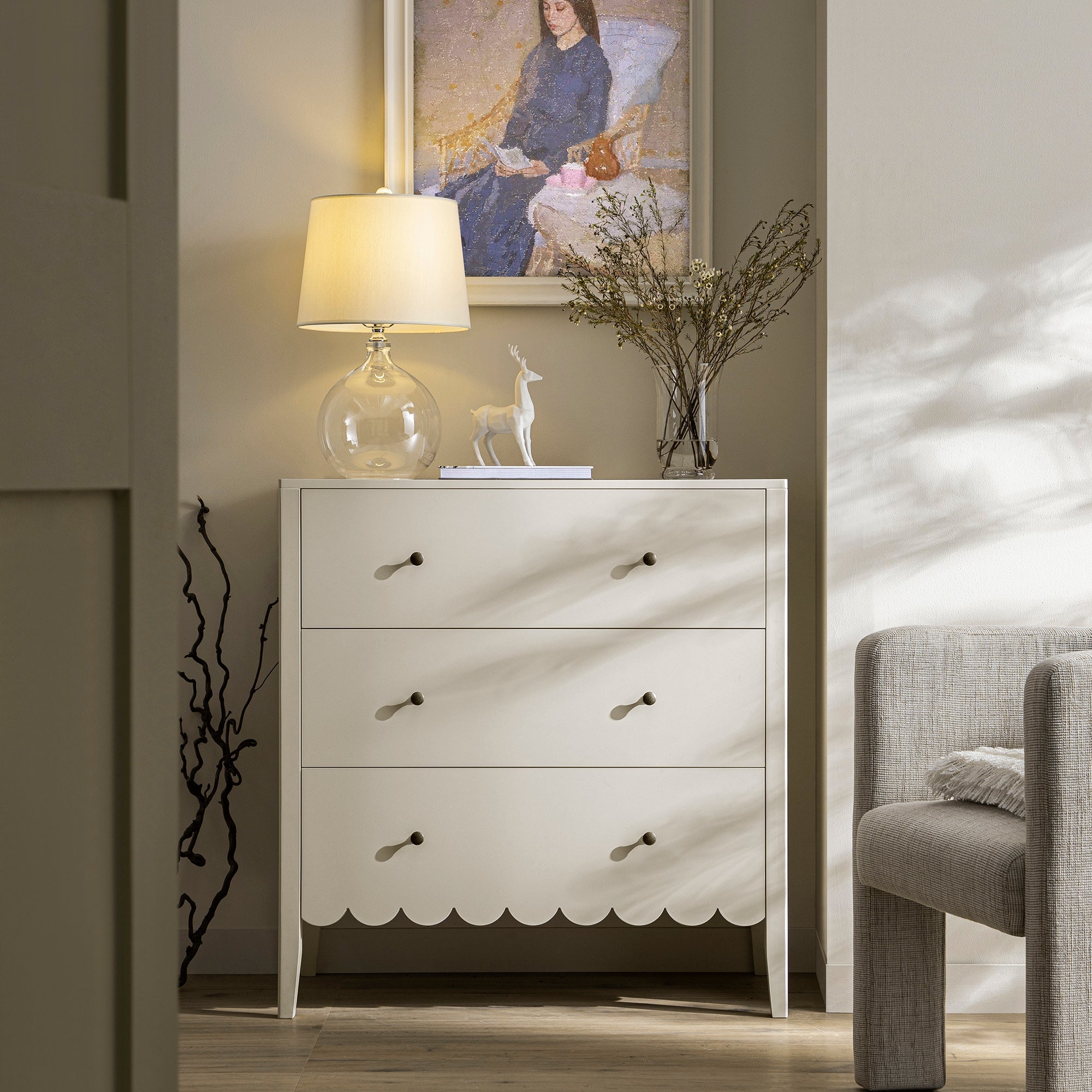 Henley Scalloped Edge 3 Drawer Dresser, Light Sand Henley Scalloped Edge 3 Drawer Dresser, Light Sand