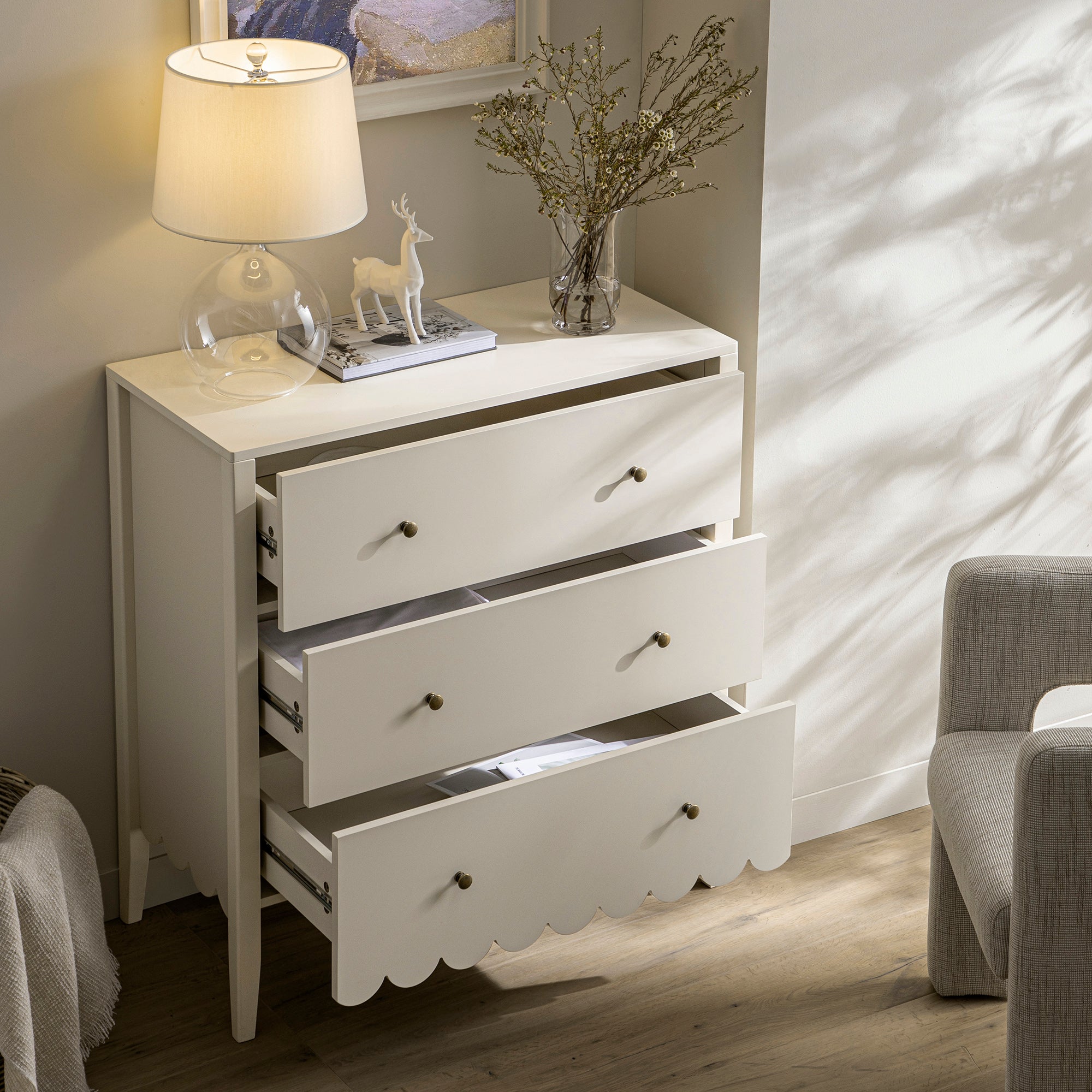 Henley Scalloped Edge 3 Drawer Dresser, Light Sand | daals.com Henley Scalloped Edge 3 Drawer Dresser, Light Sand | daals.com