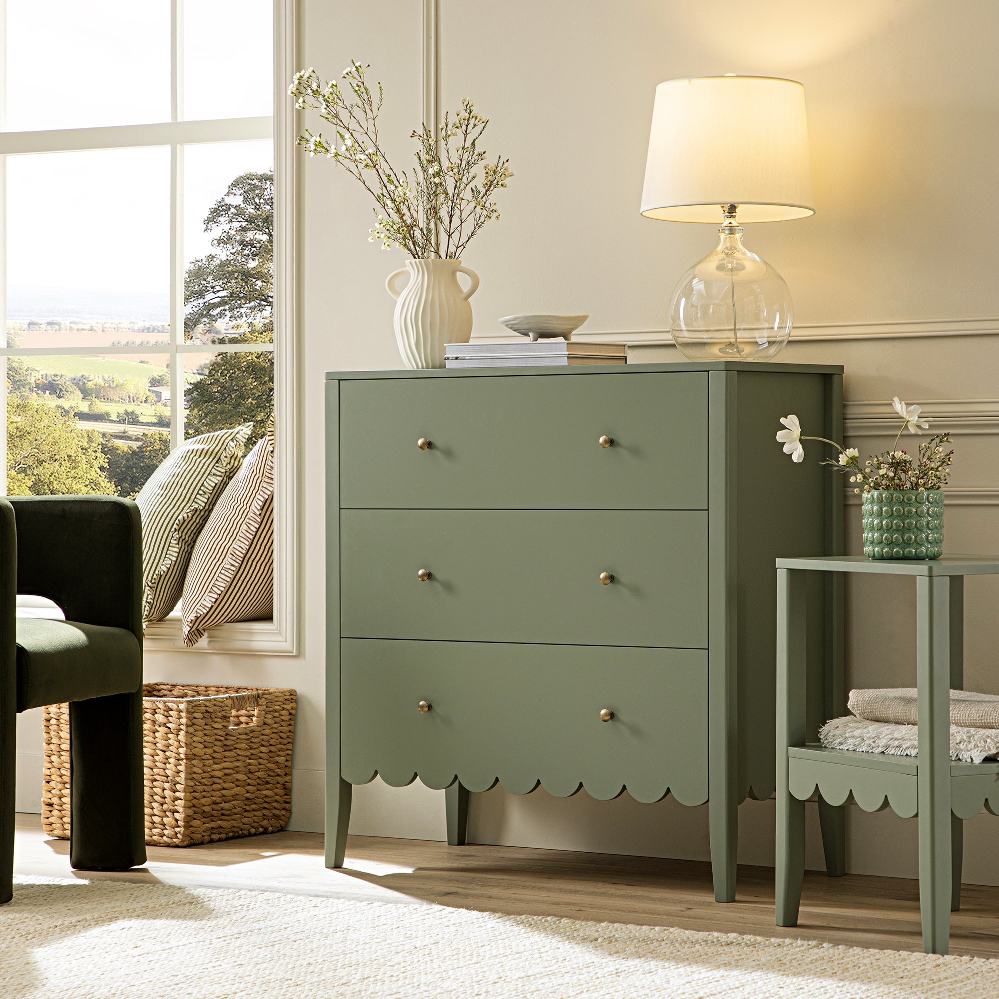 Henley Scalloped Edge 3 Drawer Dresser, Sage Green Henley Scalloped Edge 3 Drawer Dresser, Sage Green