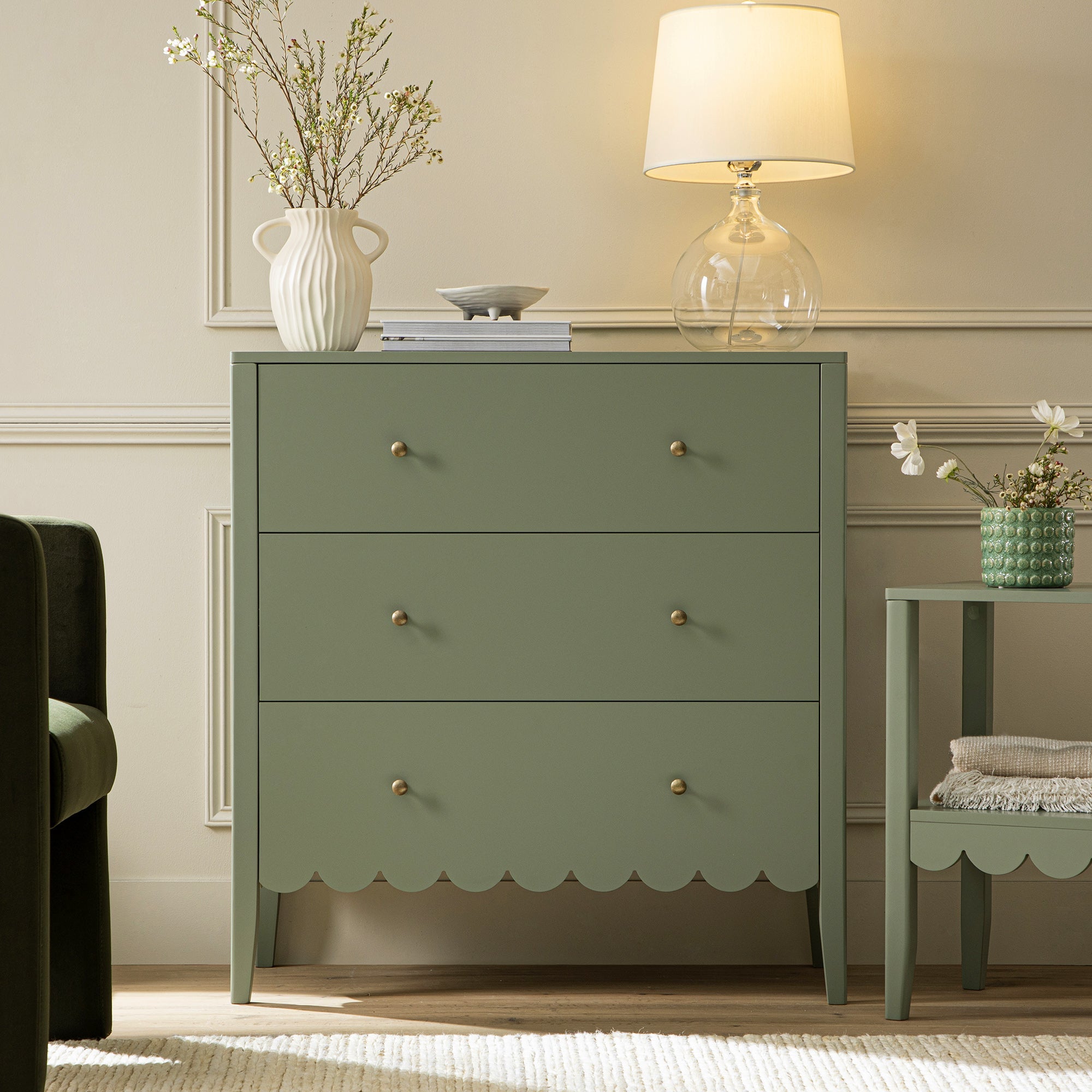 Henley Scalloped Edge 3 Drawer Dresser, Sage Green | daals.com Henley Scalloped Edge 3 Drawer Dresser, Sage Green | daals.com