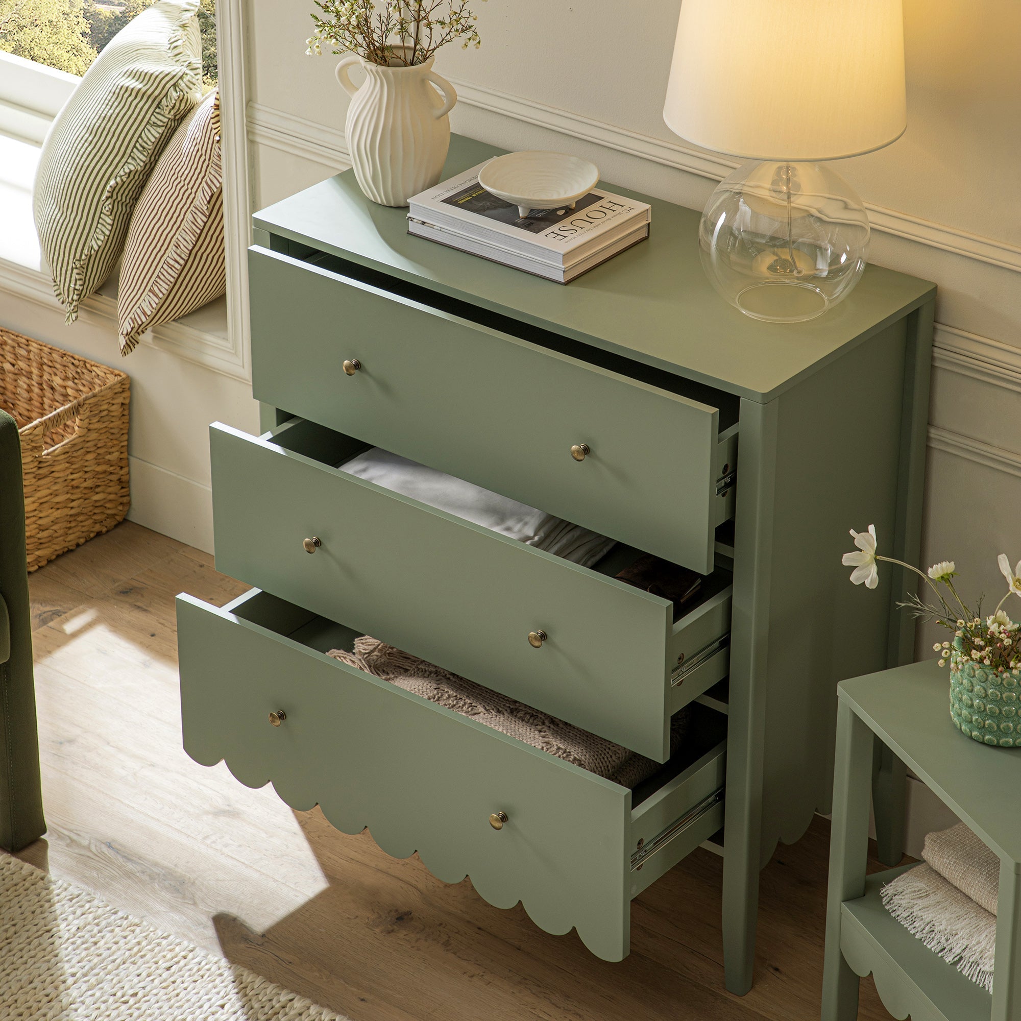 Henley Scalloped Edge 3 Drawer Dresser, Sage Green Henley Scalloped Edge 3 Drawer Dresser, Sage Green