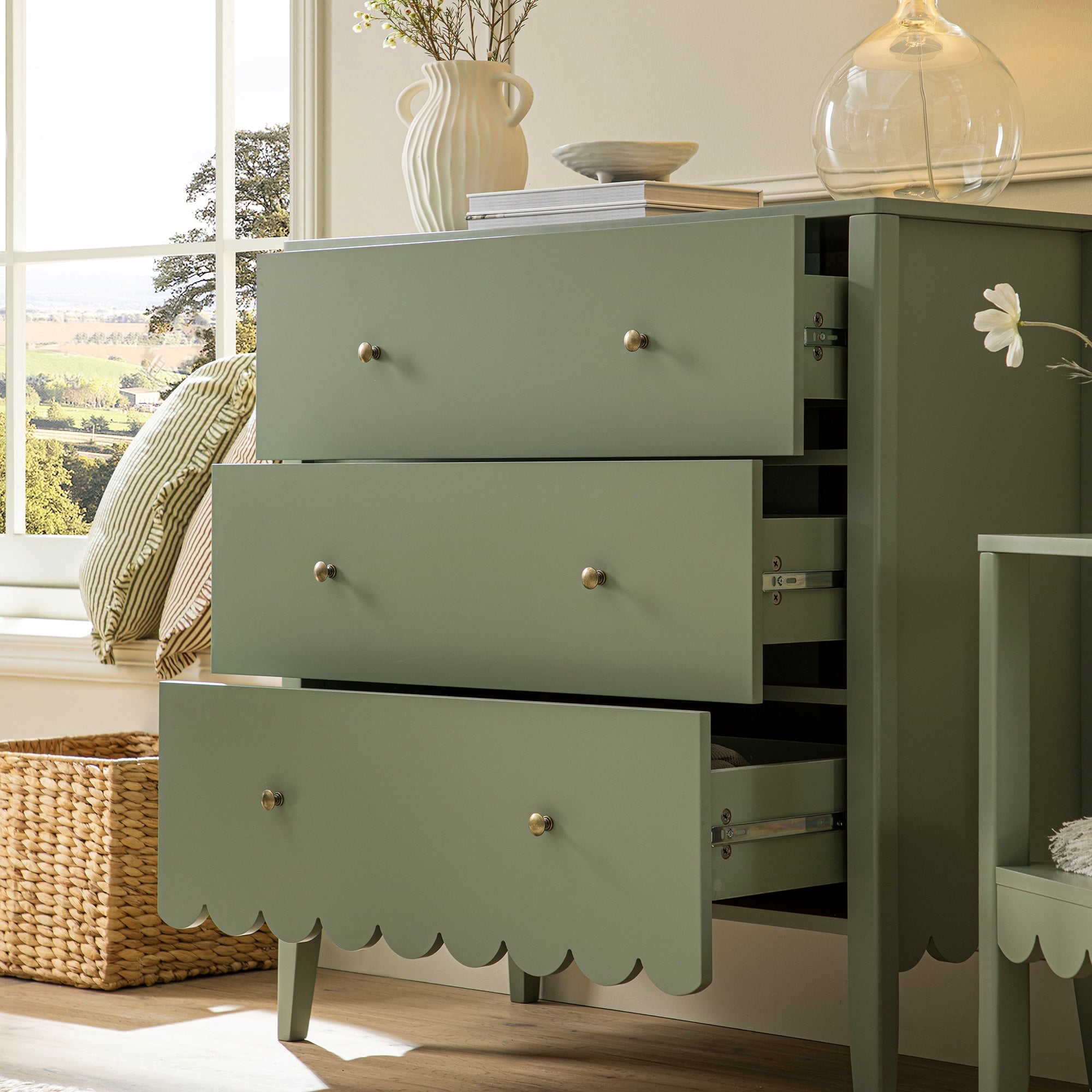 Henley Scalloped Edge 3 Drawer Dresser, Sage Green | daals.com Henley Scalloped Edge 3 Drawer Dresser, Sage Green | daals.com