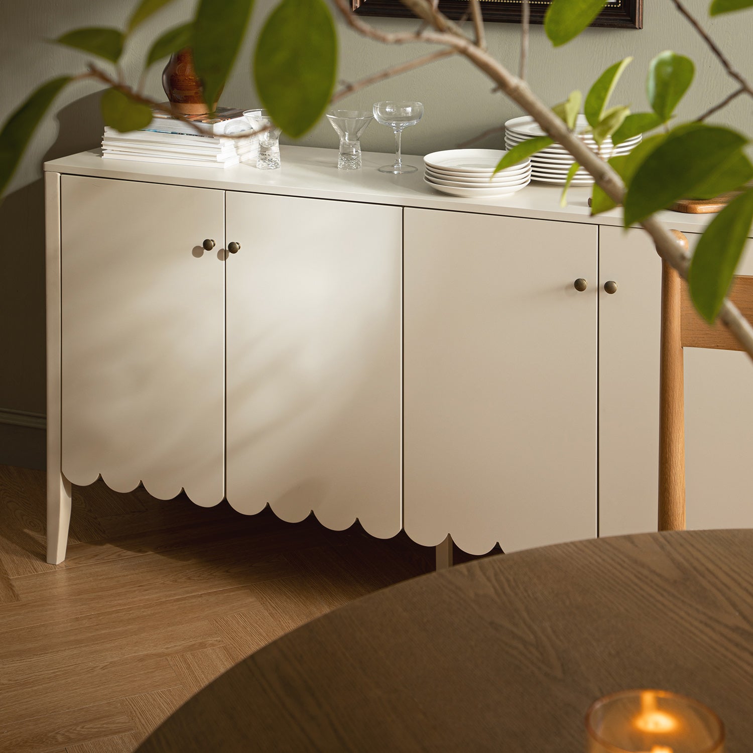 Henley Scalloped Edge 59 in. Wide Sideboard, Light Sand