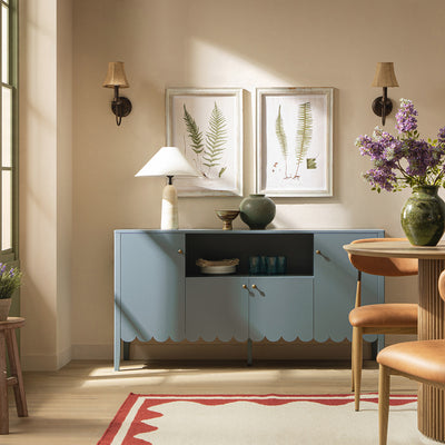 Henley Scalloped Edge 59 in. Wide Sideboard with Open Shelf, Blue Spruce