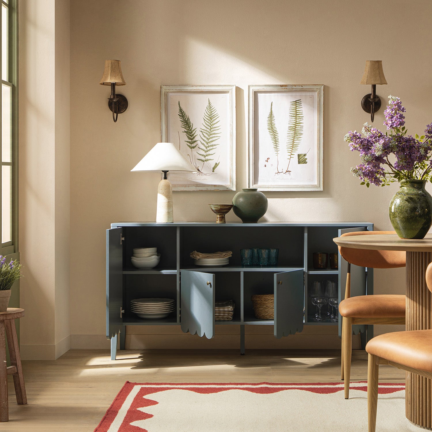 Henley Scalloped Edge 59 in. Wide Sideboard with Open Shelf, Blue Spruce