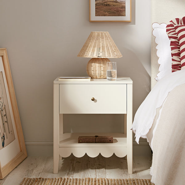 Henley Scalloped Edge Nightstand with Drawer, Light Sand