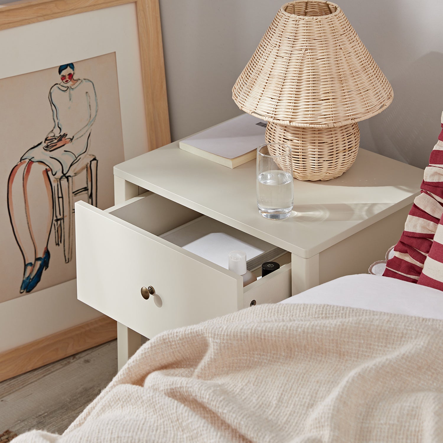 Henley Scalloped Edge Nightstand with Drawer, Light Sand