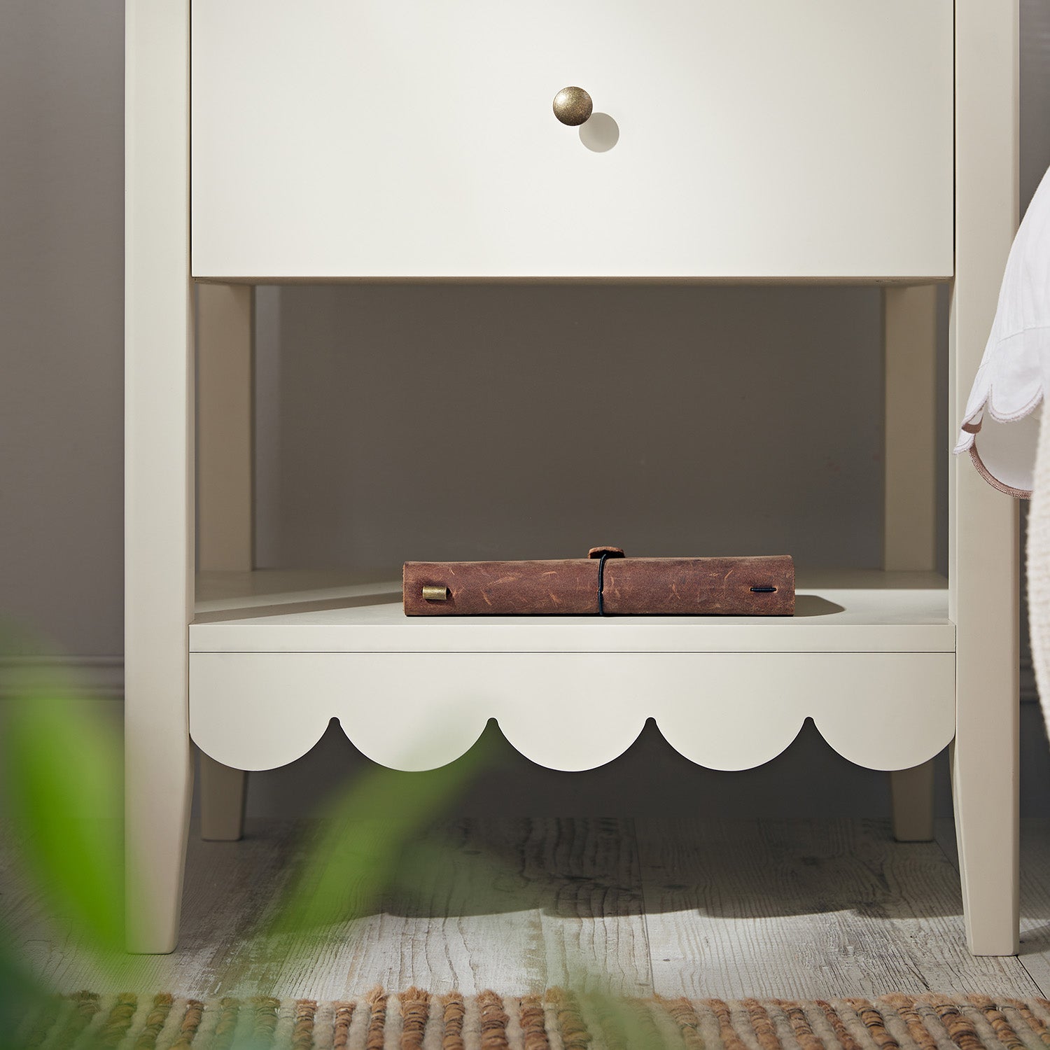 Henley Scalloped Edge Nightstand with Drawer, Light Sand