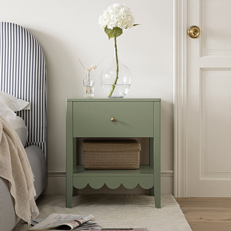 Henley Scalloped Edge Nightstand with Drawer, Sage Green