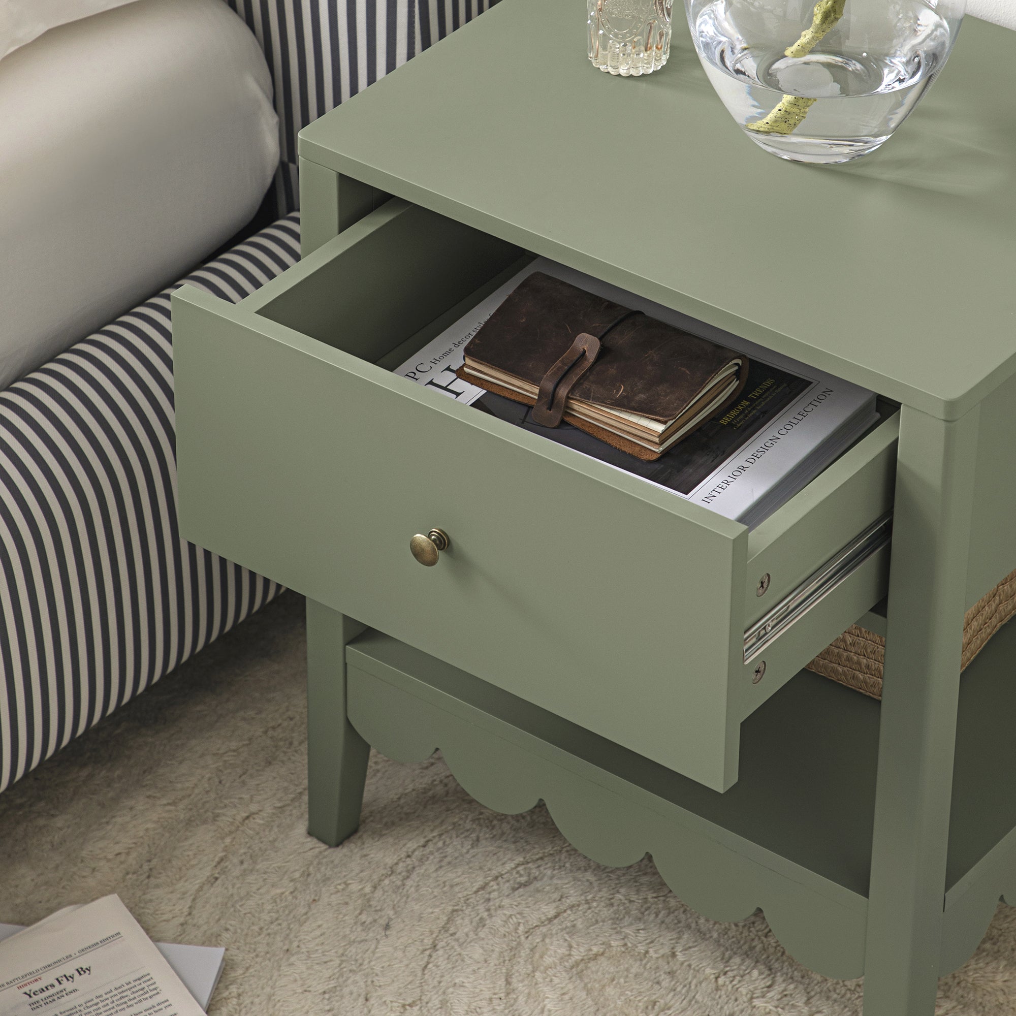 Henley Scalloped Edge Nightstand with Drawer, Sage Green | daals.com Henley Scalloped Edge Nightstand with Drawer, Sage Green | daals.com