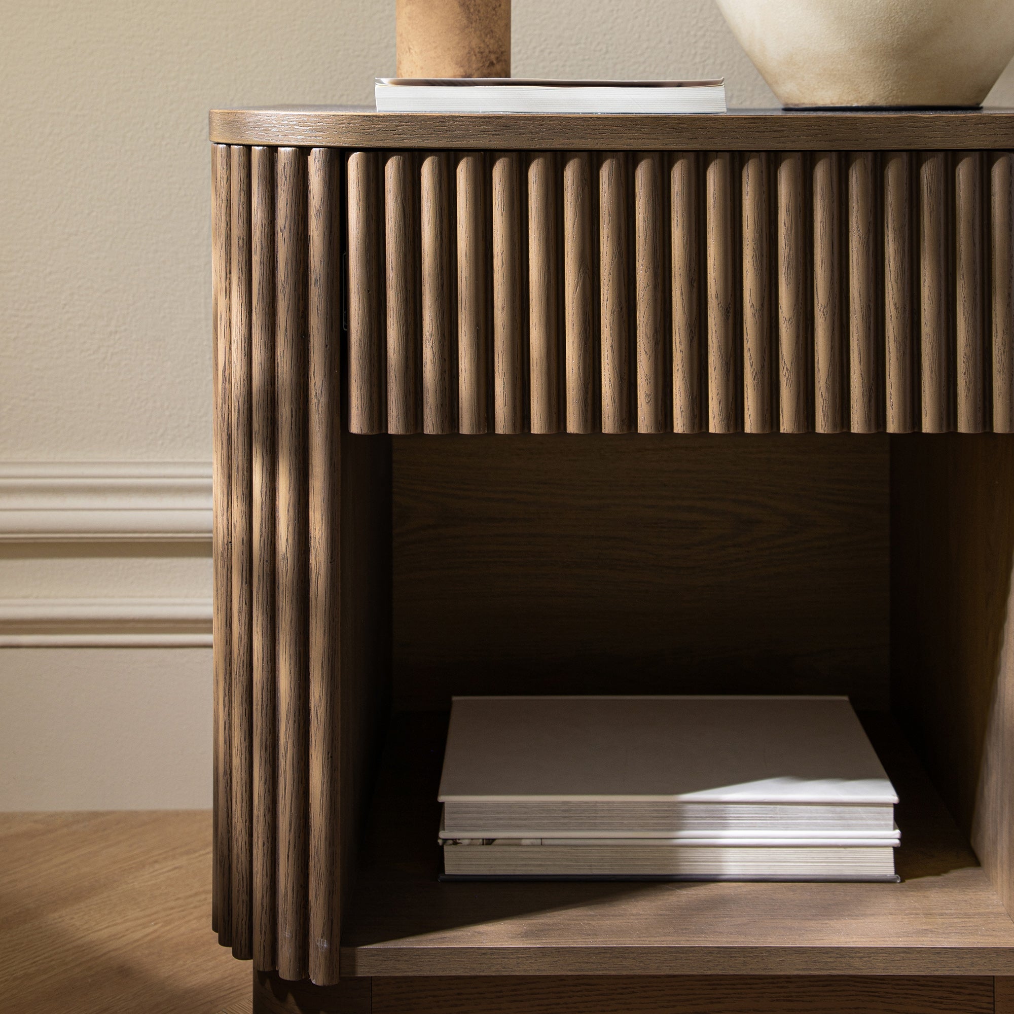 Maru 1-Drawer Nightstand, Silver Oak