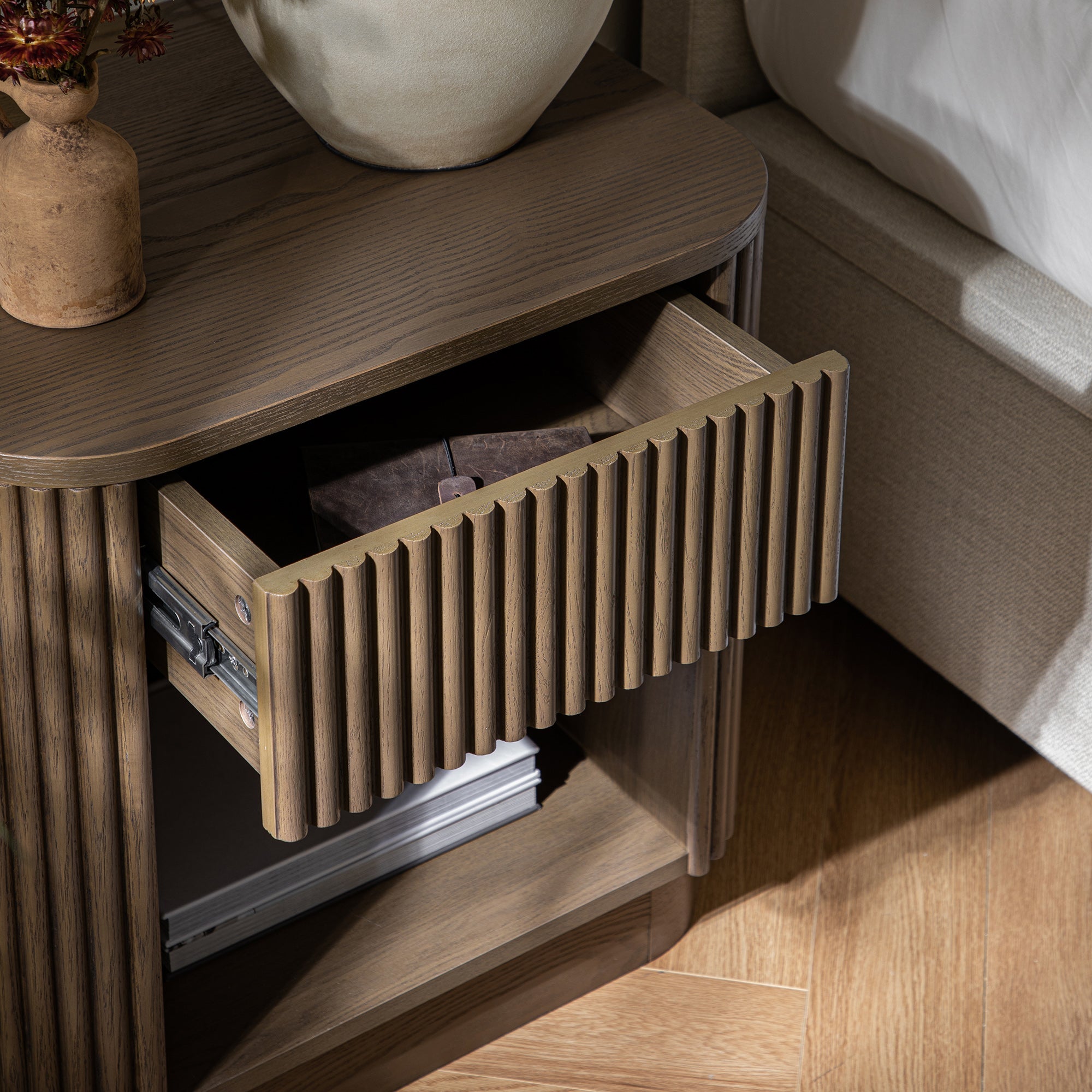 Maru 1-Drawer Nightstand, Silver Oak