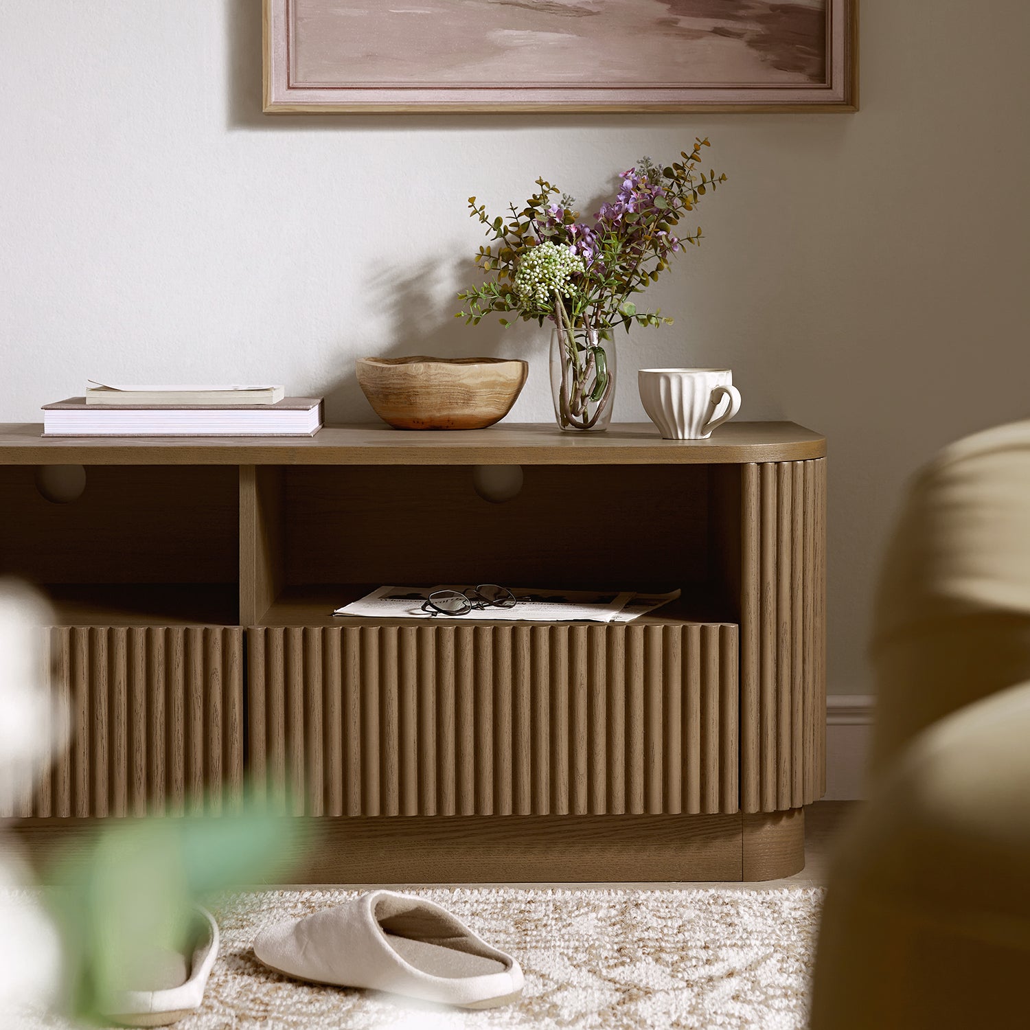 Maru 47" Wide Media Unit with Drawers, Silver Oak