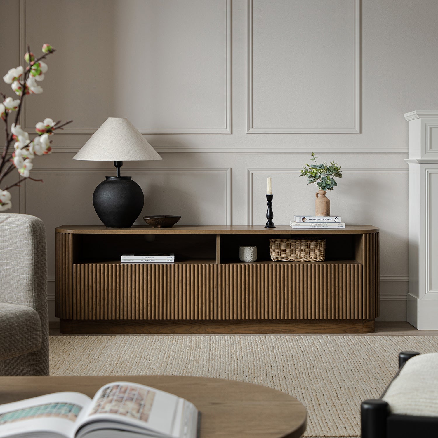 Maru 64" Wide Media Unit with Drawers, Silver Oak