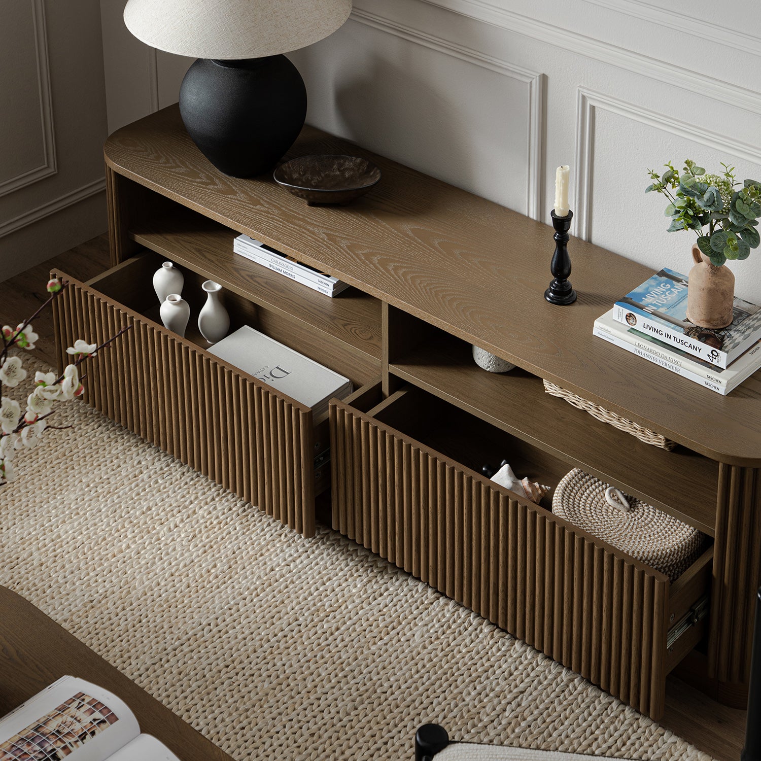 Maru 64" Wide Media Unit with Drawers, Silver Oak