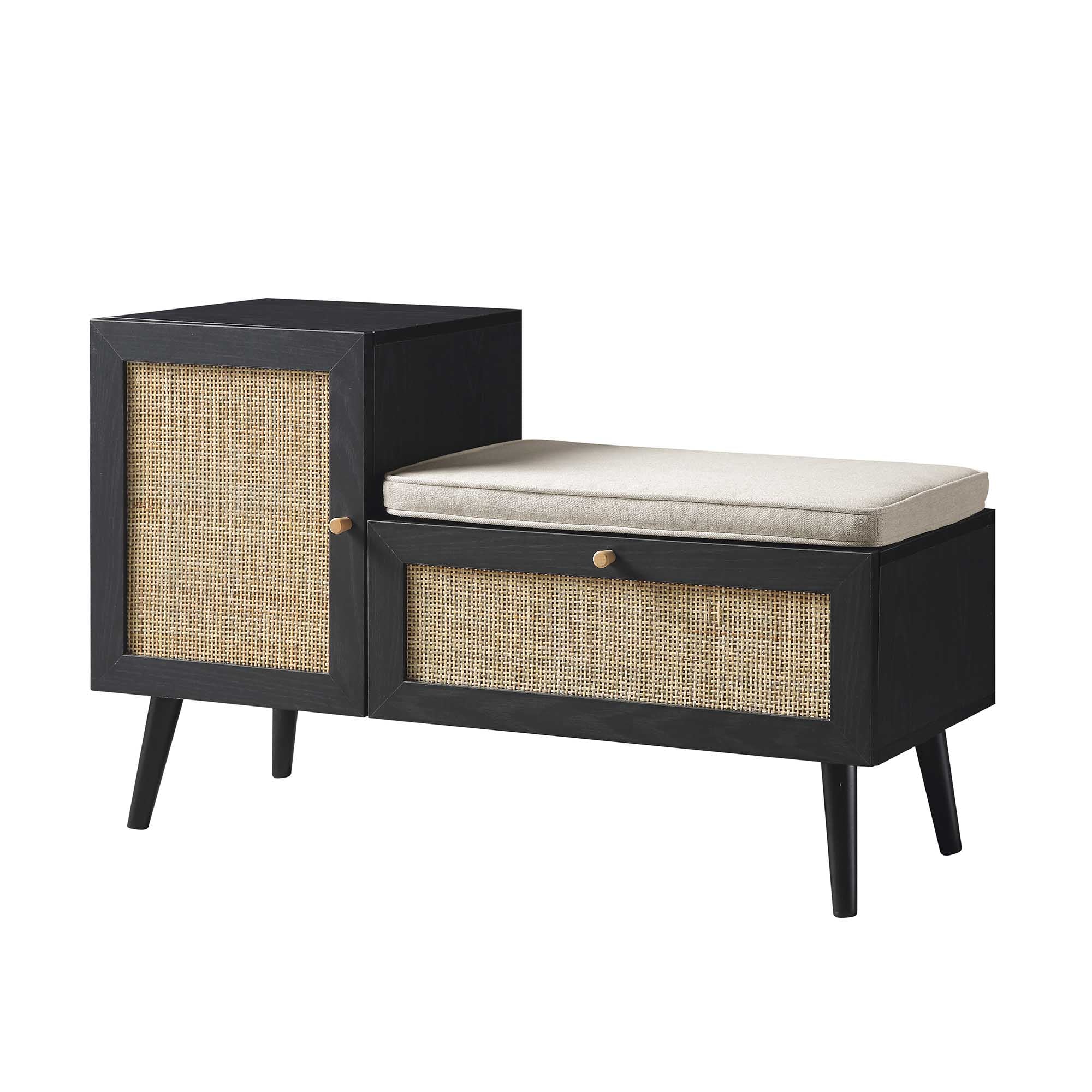 Frances Woven Rattan Storage Bench with Cushion, Black | daals.com